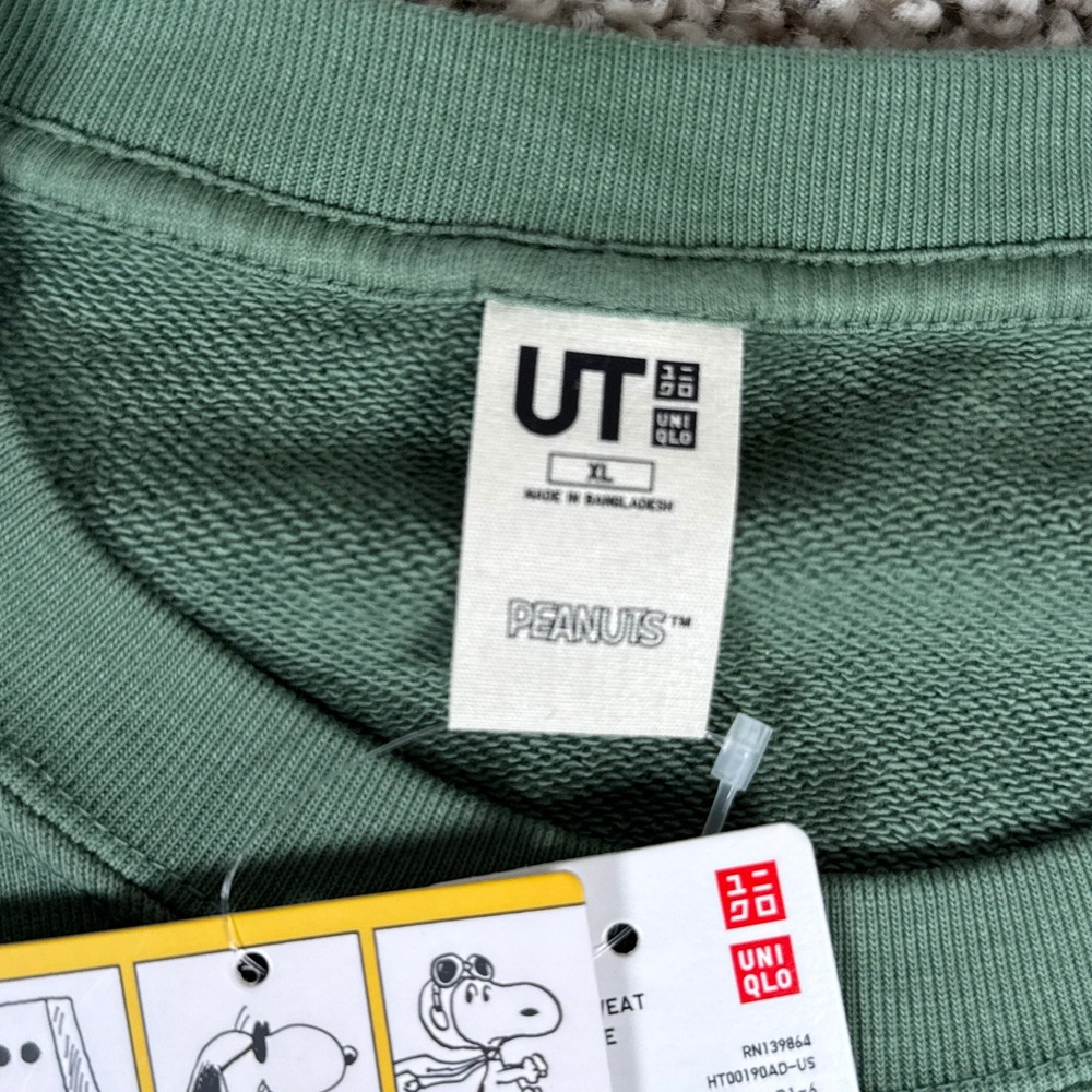 Uniqlo Peanuts Sweatshirt Mens XL Green Snoopy Joe Cool Cotton Graphic Raglan - Picture 5 of 9